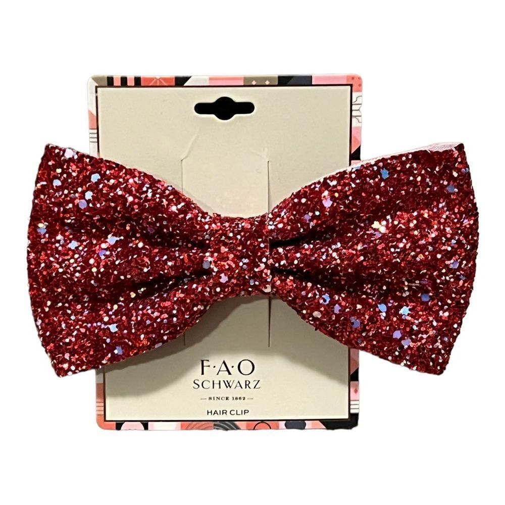 FAO Schwarz Girls Red Sparkle Glitter Bow Hair Clip New